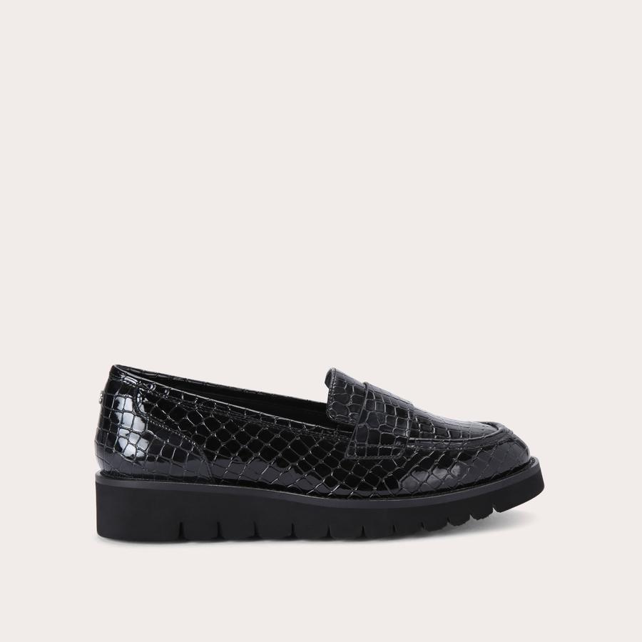 GRANGE Black Croc Embossed Slip On Shoes by CARVELA