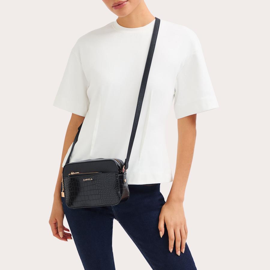 LATTE CAMERA BAG Black Croc Embossed Camera Bag by CARVELA