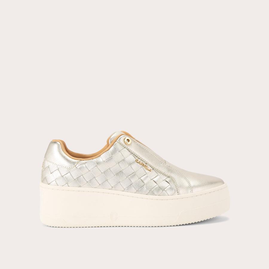CONNECTED LACELESS WEAVE Gold Woven Trainer by CARVELA