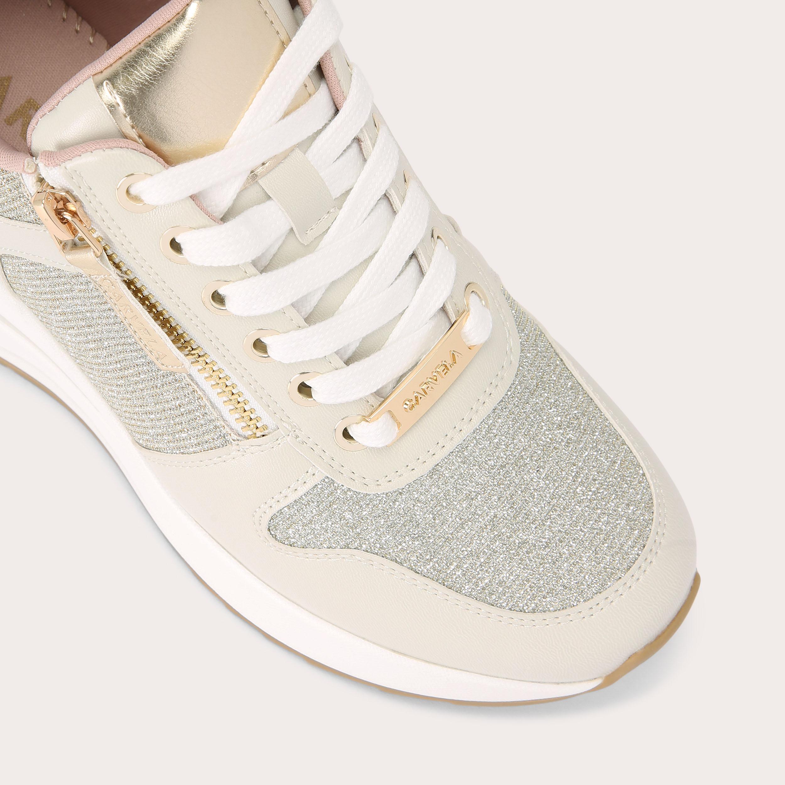 HIGH RISE Gold Fabric Trainer by CARVELA