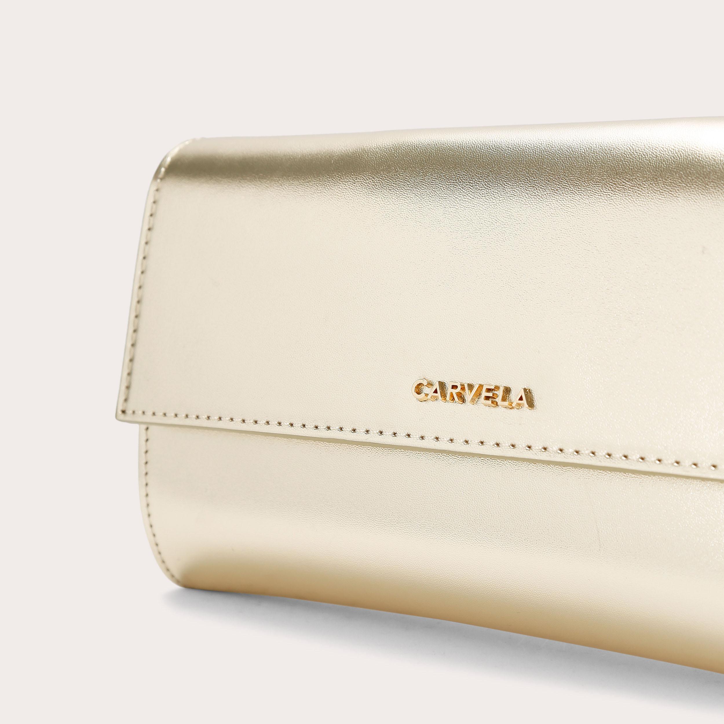 Carvela gold store clutch bag