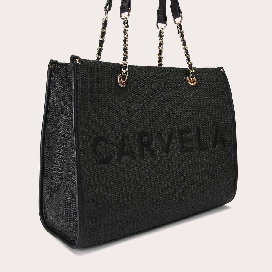 RAFFIA CHAIN TOTE Black Woven Tote Bag by CARVELA