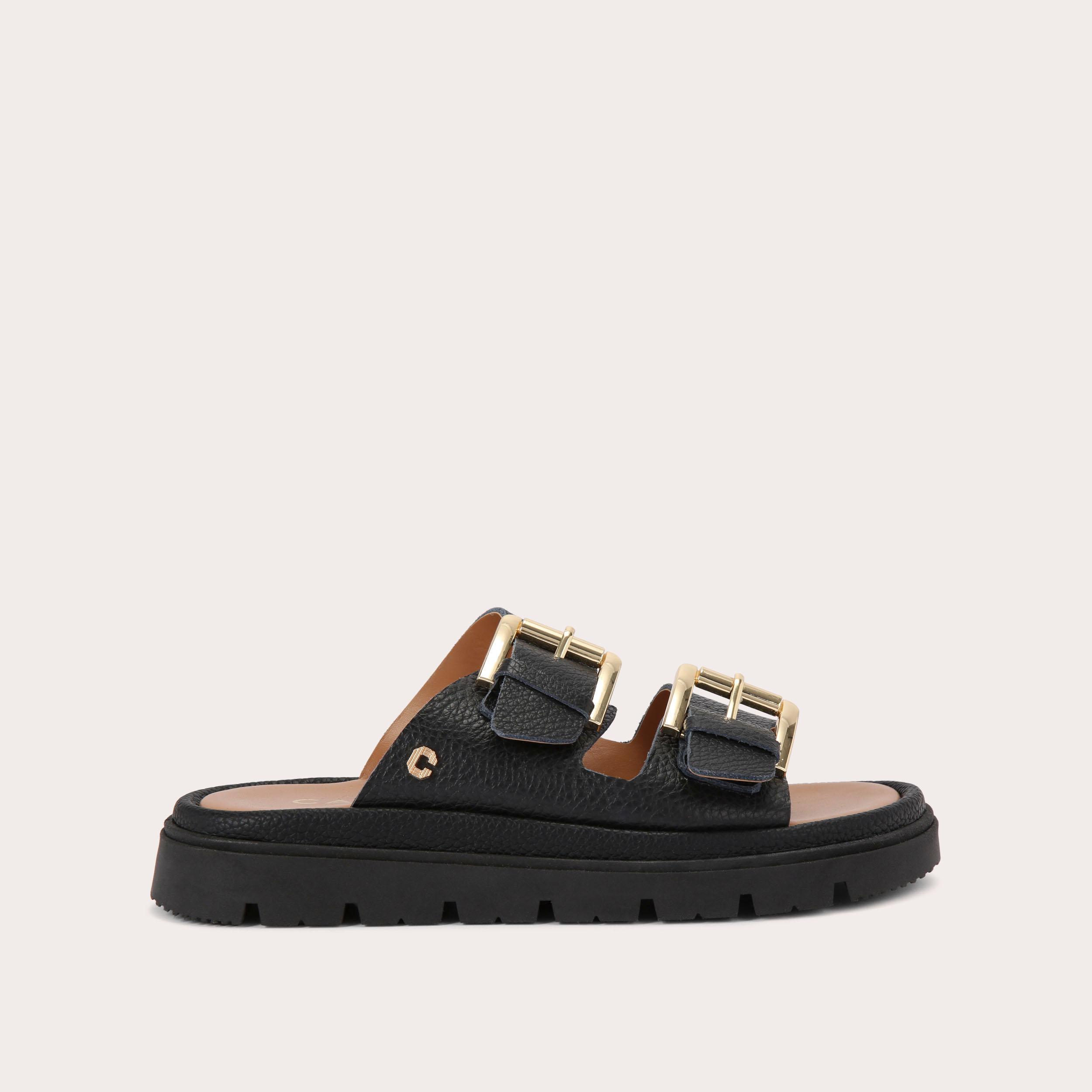 OFFICE Slide Away Double Buckle Diamante Flat Sandals Black - Women's  Sandals