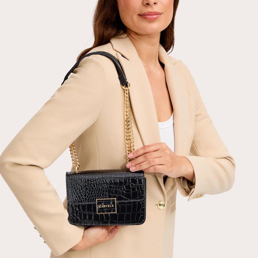 JESSICA SHOULDER BAG Black Croc Shoulder Bag by CARVELA
