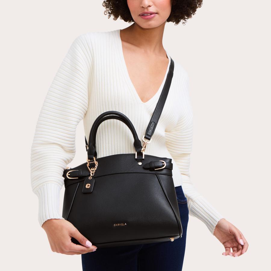 VALENTINA CURVED TOTE Black Trapeze Tote Bag by CARVELA