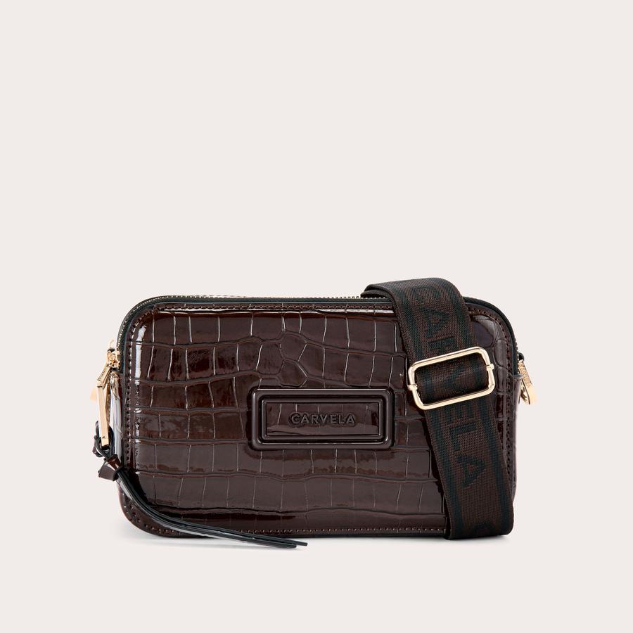 ROMA RECTANGLE CAMERA Brown Croc Print Cross Body Bag by CARVELA