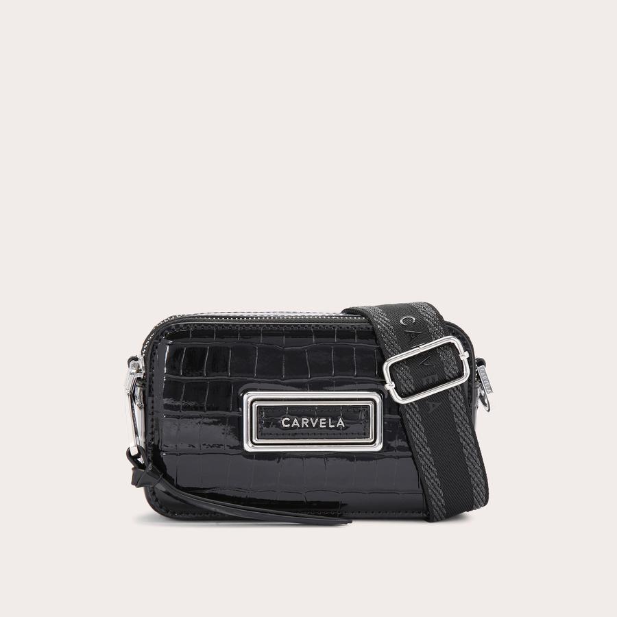 MINI ROMA RECTANGLE Black Croc Cross Body Bag by CARVELA