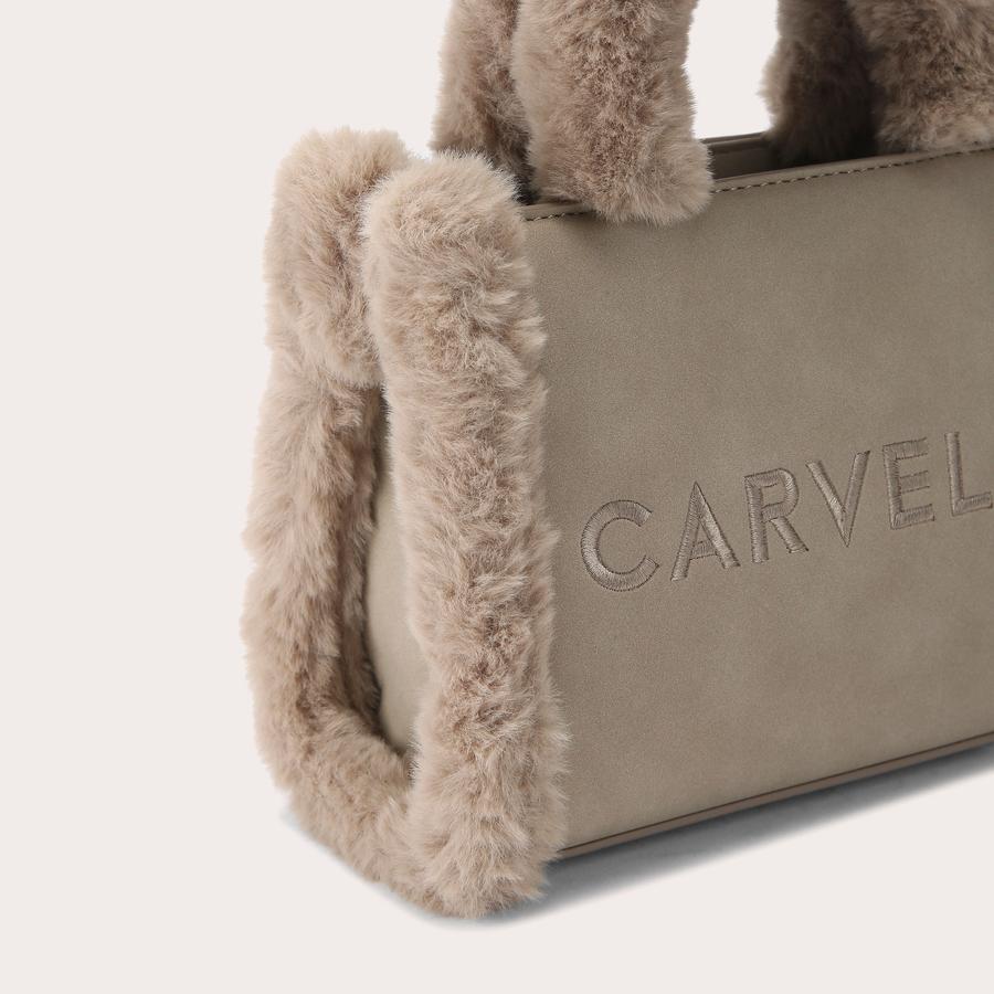 FRAME MICRO FUR Taupe Faux Fur Micro Tote Bag by CARVELA