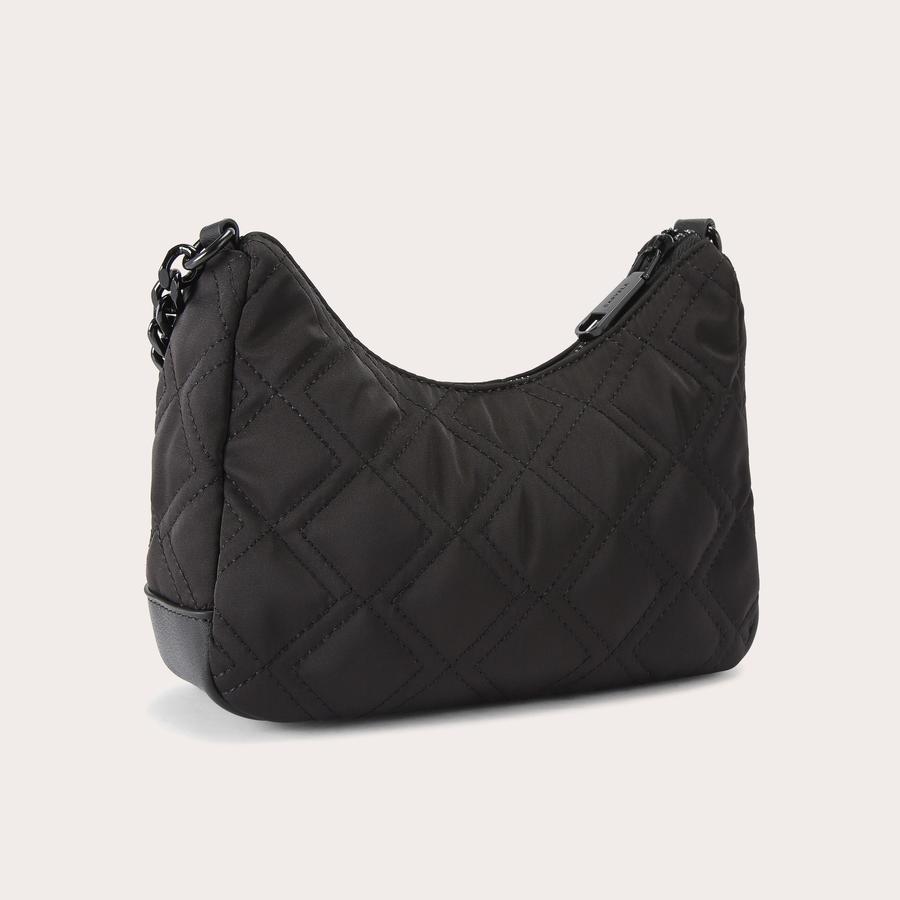 Padded store bag nylon in a leather-trimmed curved silhouette.