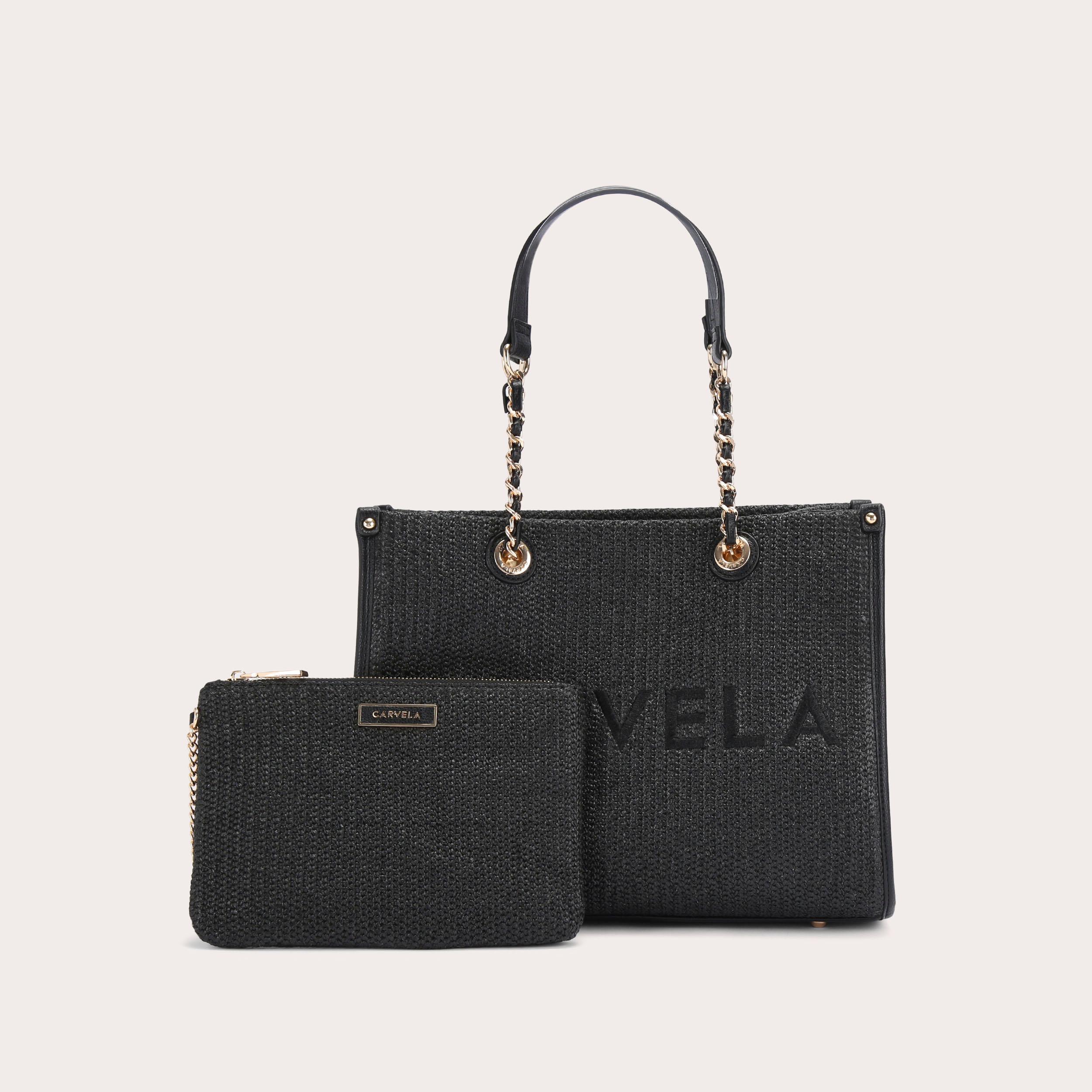 RAFFIA MIDI CHAIN TOTE Black Raffia Midi Tote Bag by CARVELA