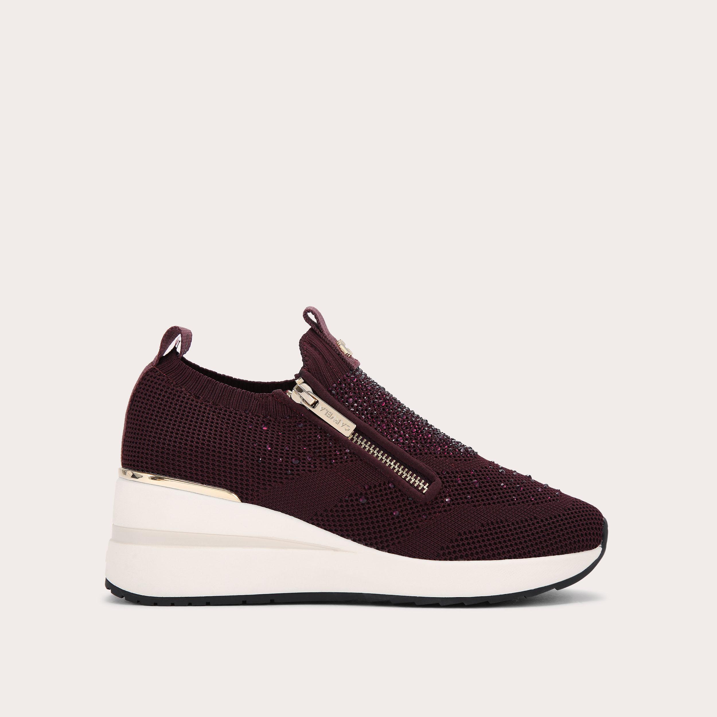 HIGH RISE ZIP KNIT Wine Crystal Knitted Sneaker by CARVELA