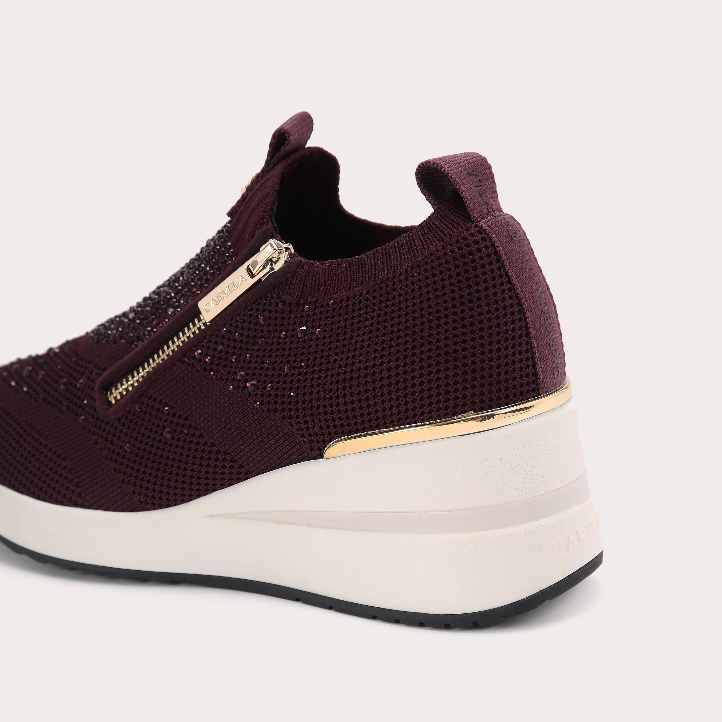 HIGH RISE ZIP KNIT Wine Crystal Knitted Sneaker by CARVELA