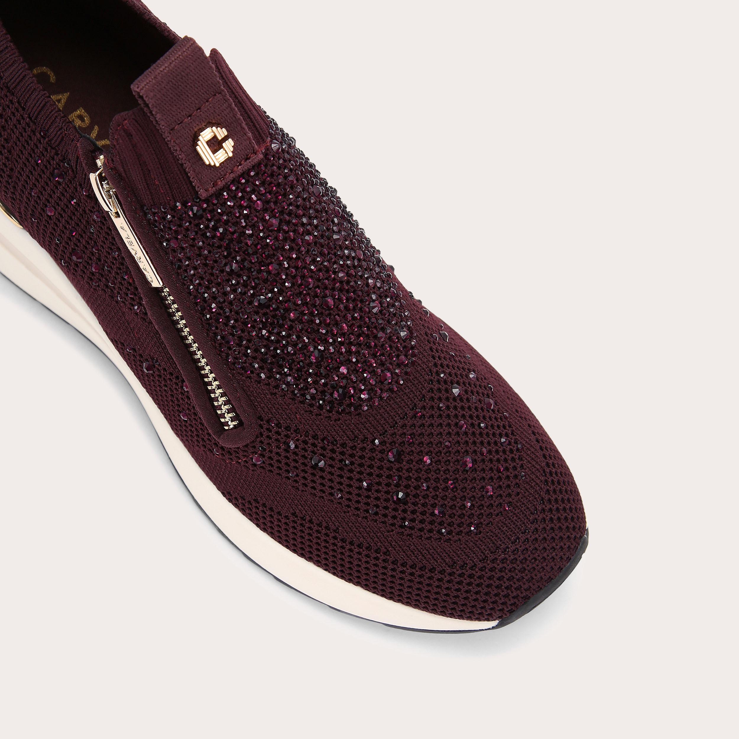 HIGH RISE ZIP KNIT Wine Crystal Knitted Sneaker by CARVELA