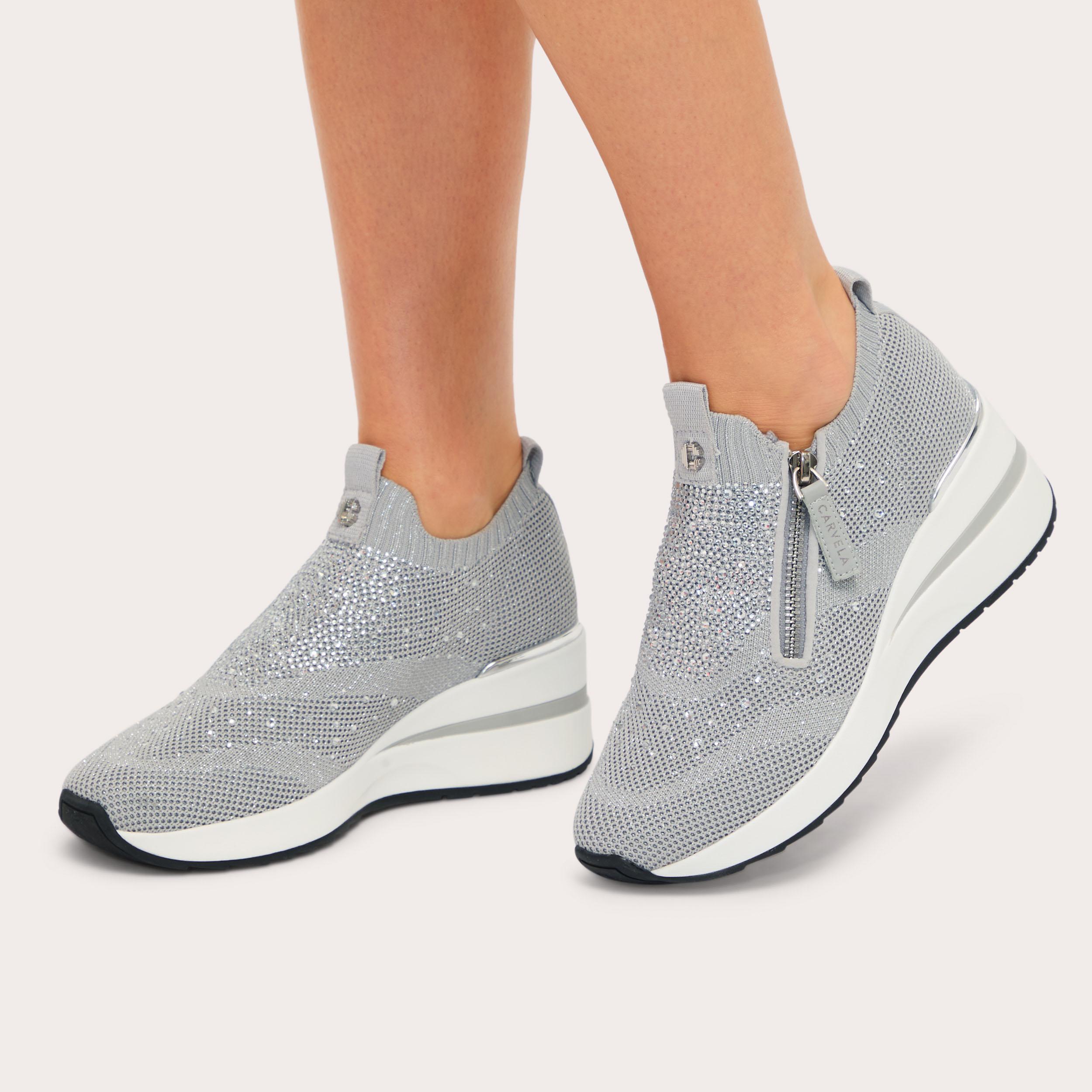 HIGH RISE ZIP KNIT Silver Crystal Hidden Heel Trainer by CARVELA