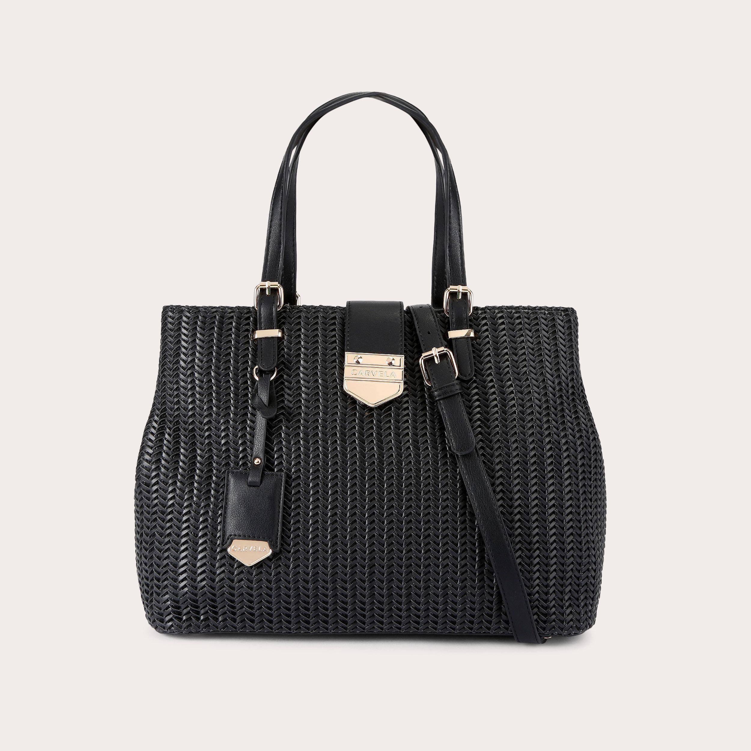 MARIA MIDI WEAVE Black Woven Tote Bag by CARVELA