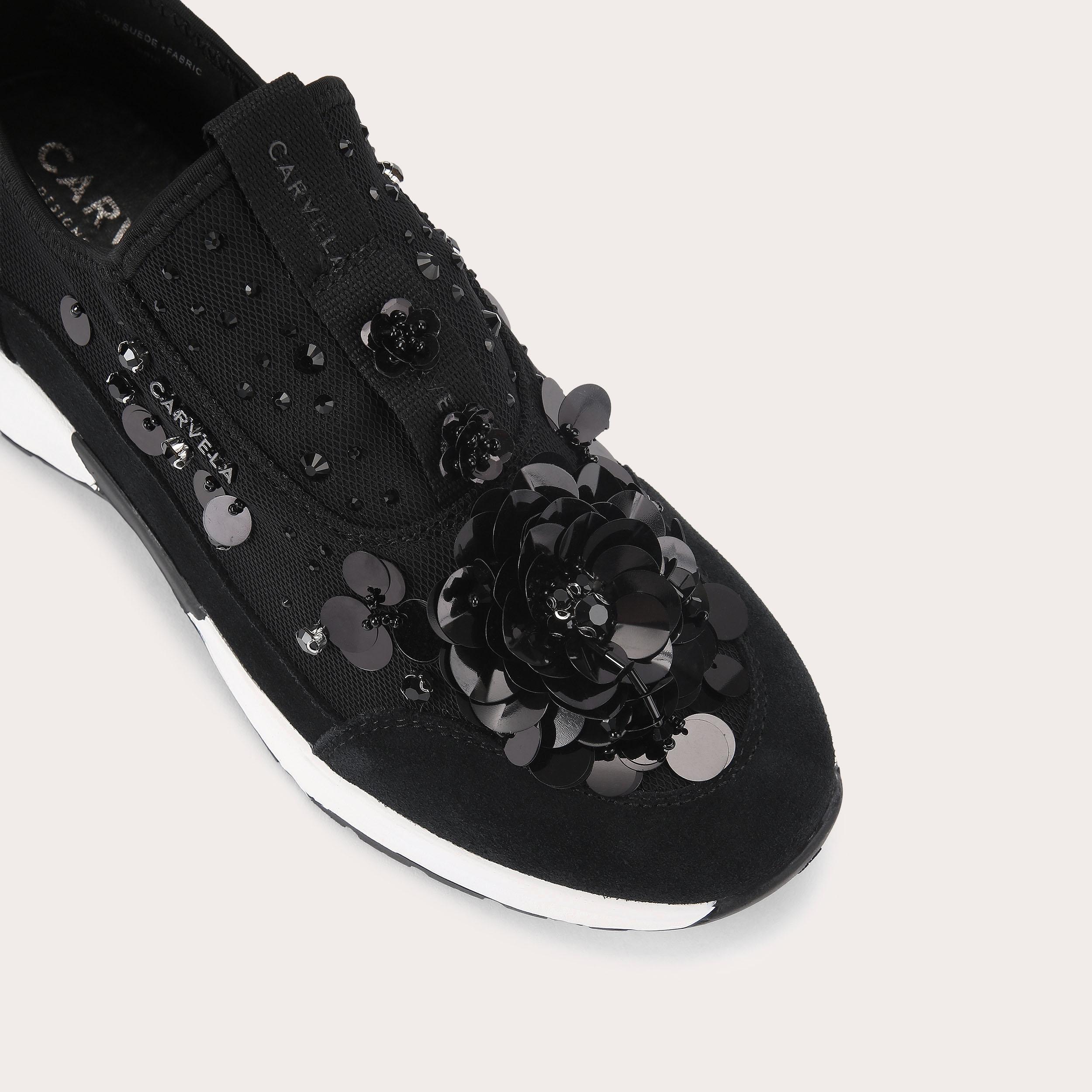 TEMPO FLOWER Black Mesh Fabric Slip On Trainer by CARVELA