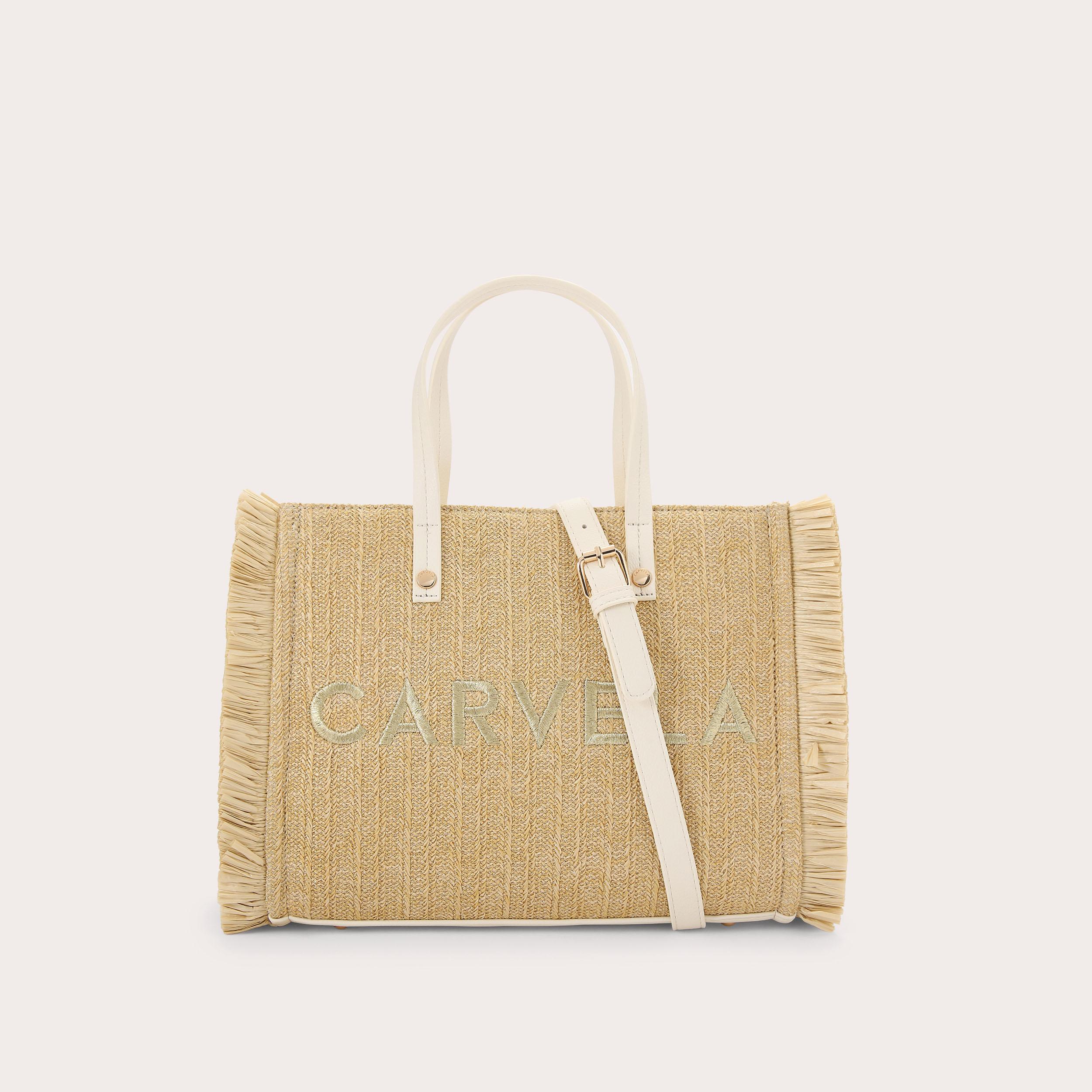 FRAME RAFFIA MIDI Beige Gold Raffia Tote Bag by Carvela