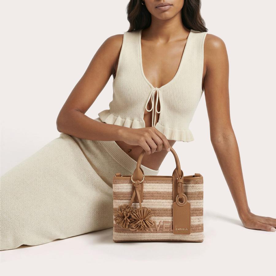 NINA MINI TOTE Beige Brown Raffia Tote Bag by Carvela