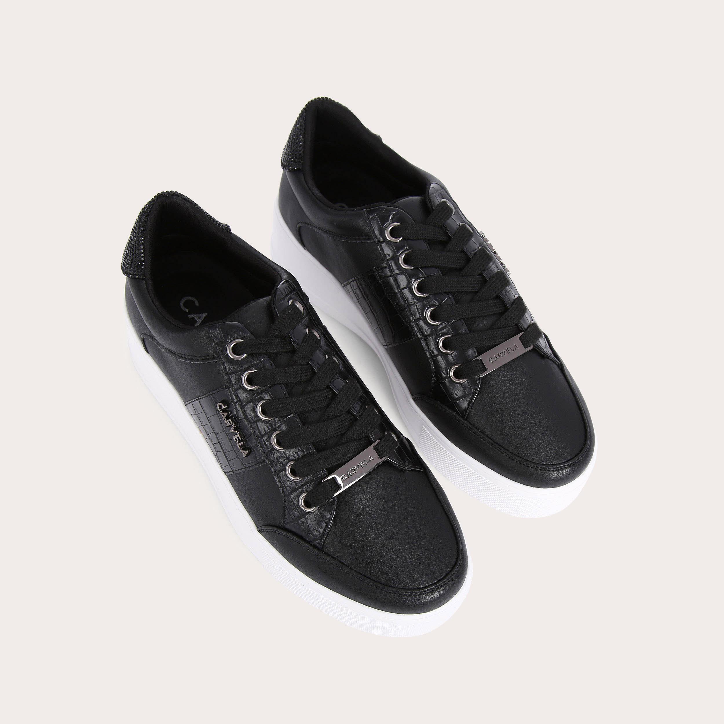 JIVE LACE UP Black Croc Embossed Crystal Lace Up Trainers by CARVELA