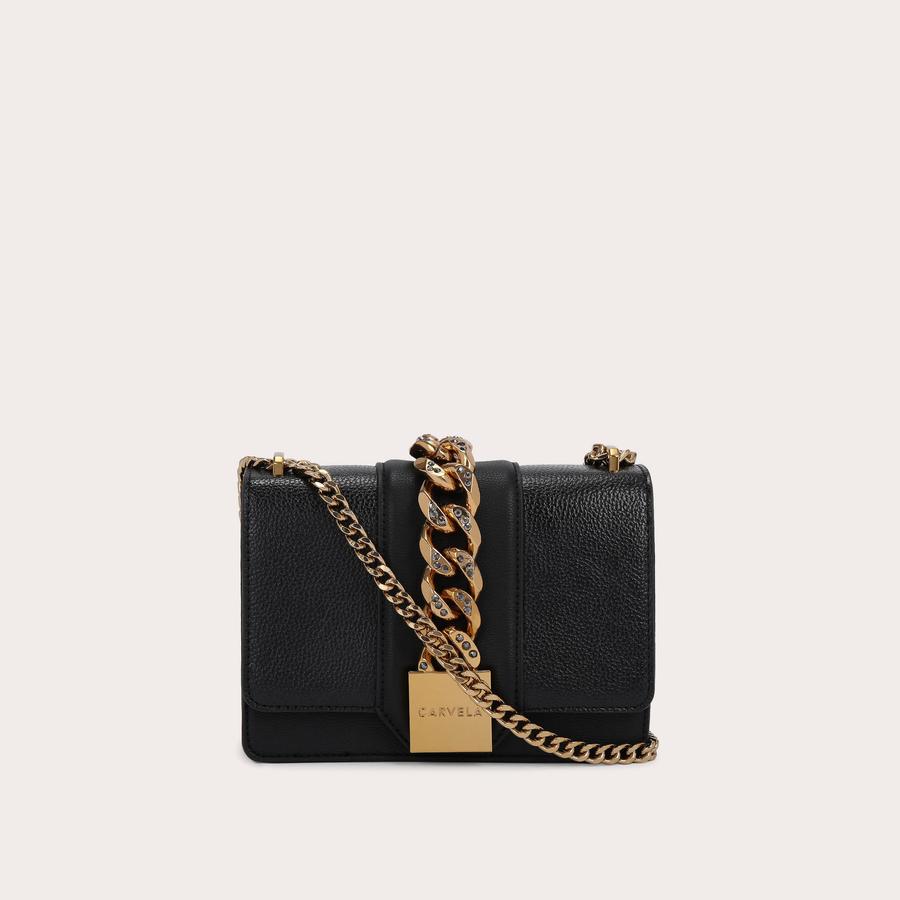 MIKHAELA CHAIN FRNT XBODY Black Textured Gold Chain Cross Body Bag by CARVELA