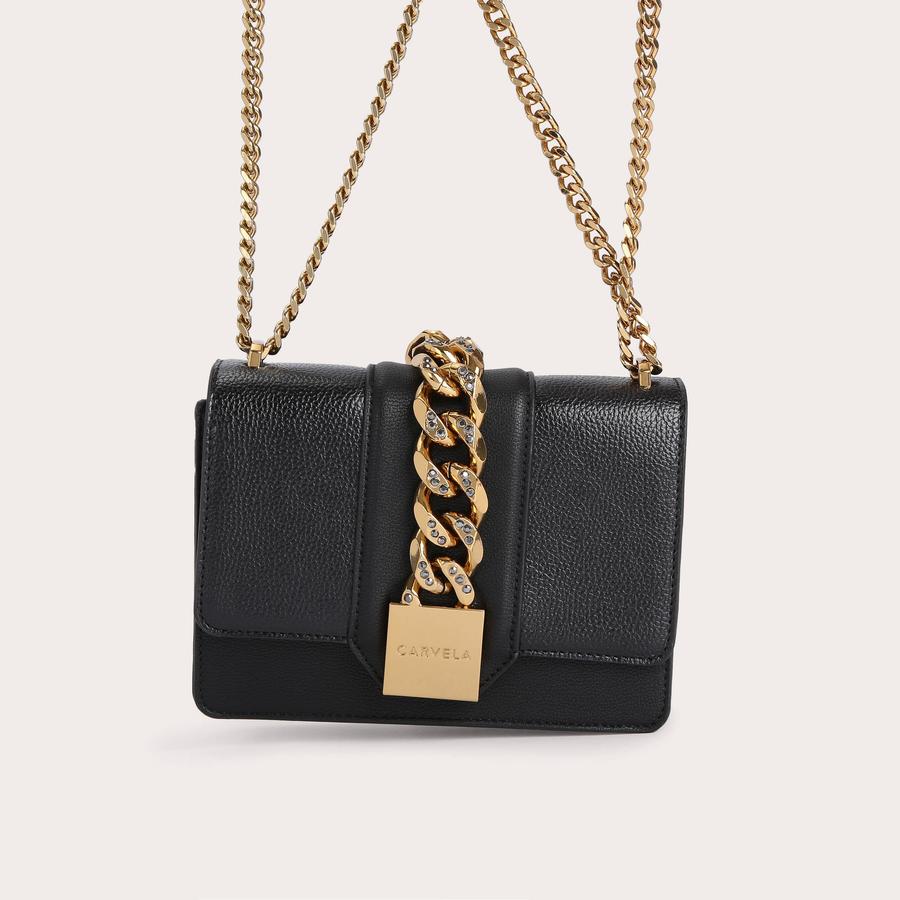 MIKHAELA CHAIN FRNT XBODY Black Textured Gold Chain Cross Body Bag by CARVELA