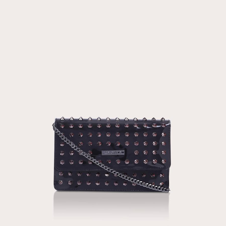 KICKER STUD CLUTCH Gunmetal Studded Vegan Clutch Bag by CARVELA