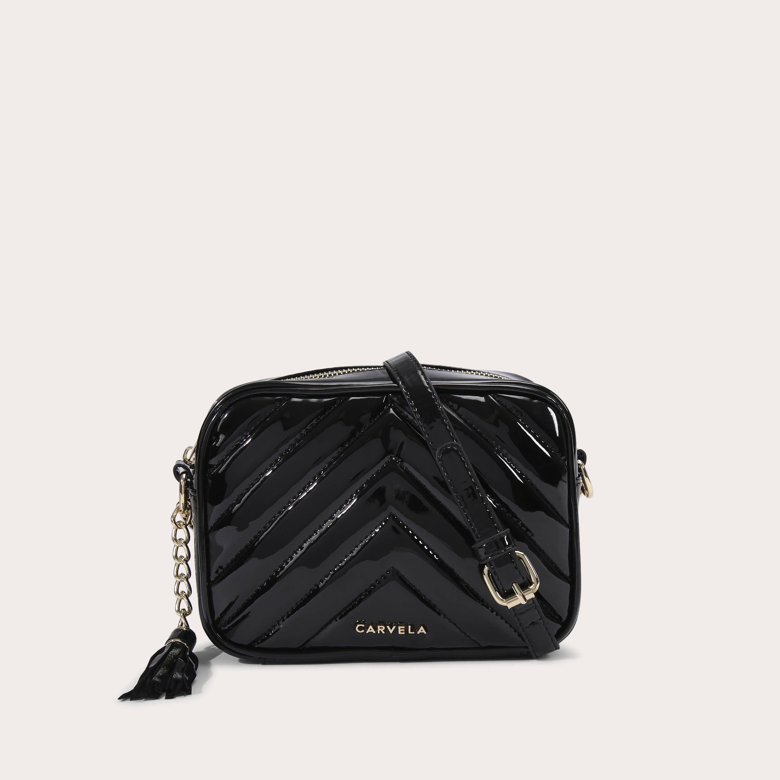 LARA TASSEL XBODY Black Patent Chevron Quilted Cross Body Bag by CARVELA