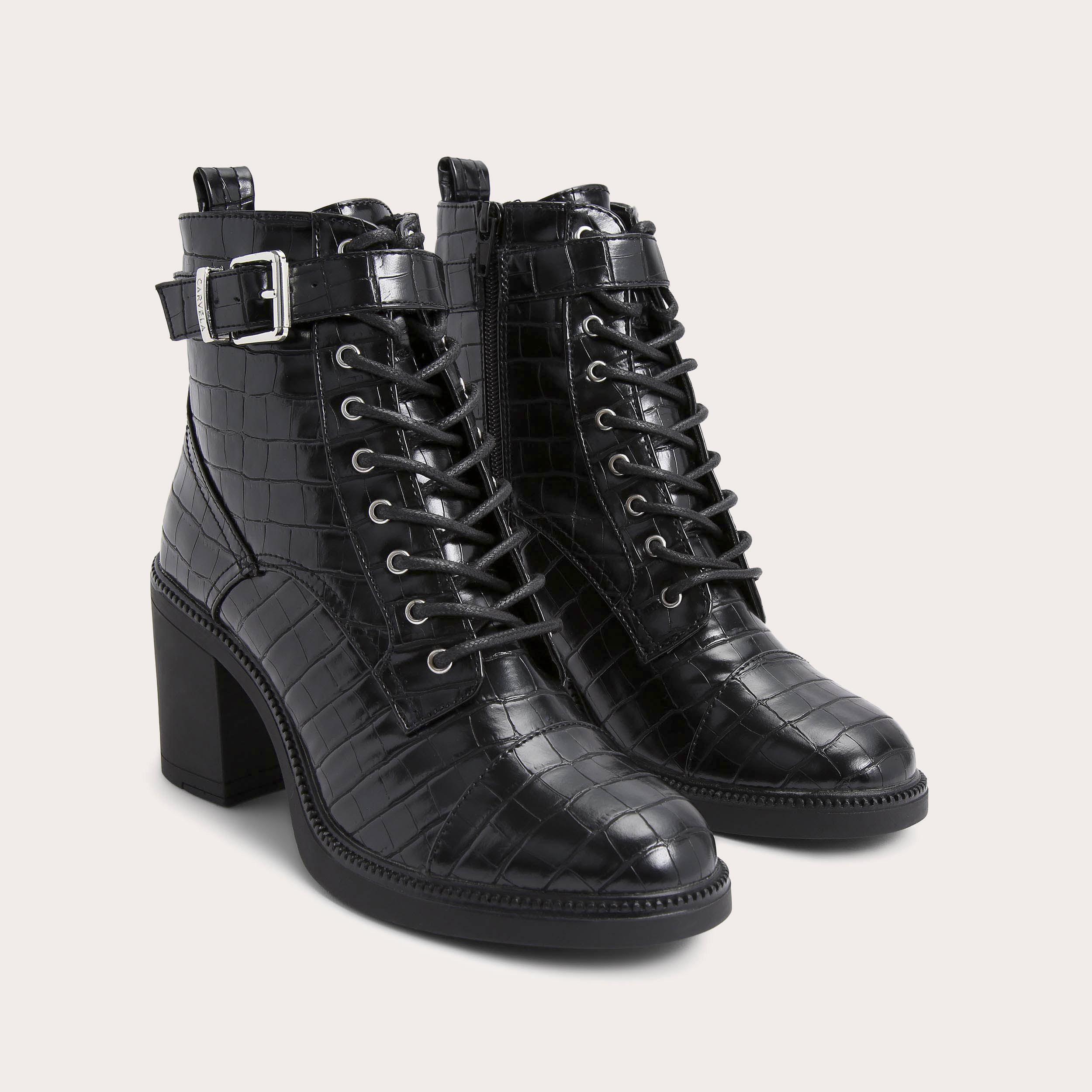 TEMPLE Black Croc Embossed Lace Up Ankle Boot by CARVELA