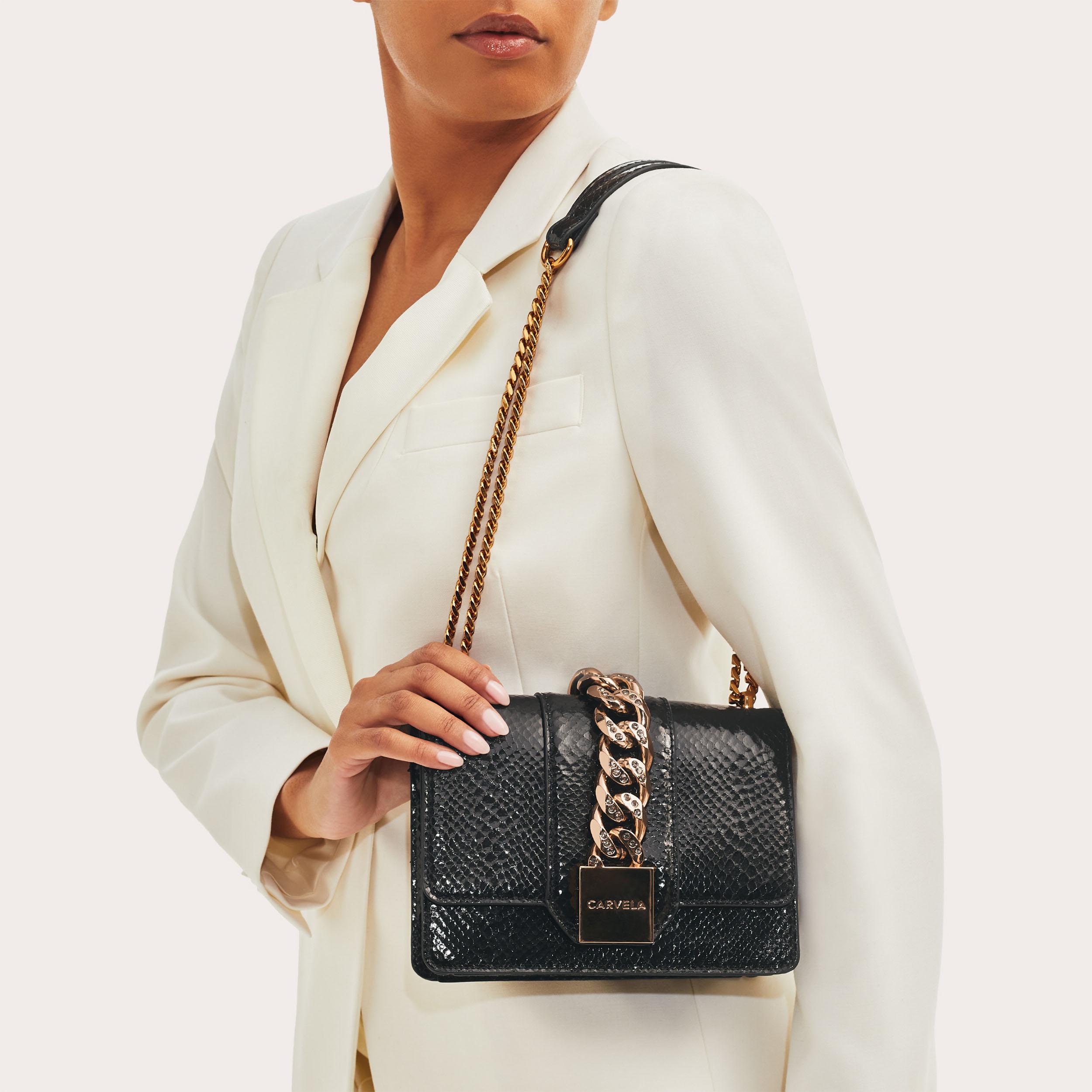 MIKHAELA CHAIN FRNT XBODY Black Chain Cross Body Bag by CARVELA