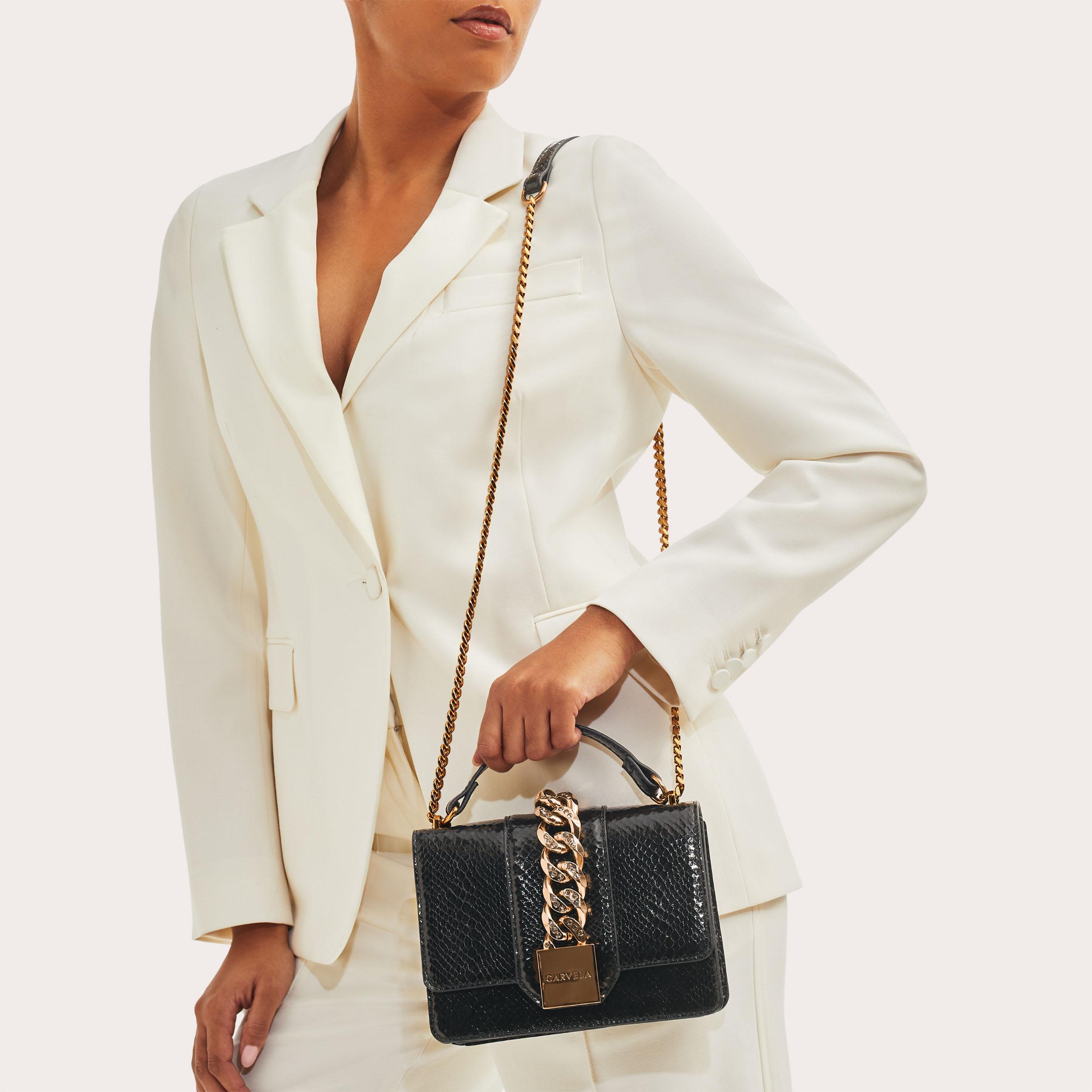 MIKHAELA CHAIN FRNT XBODY Black Chain Cross Body Bag by CARVELA