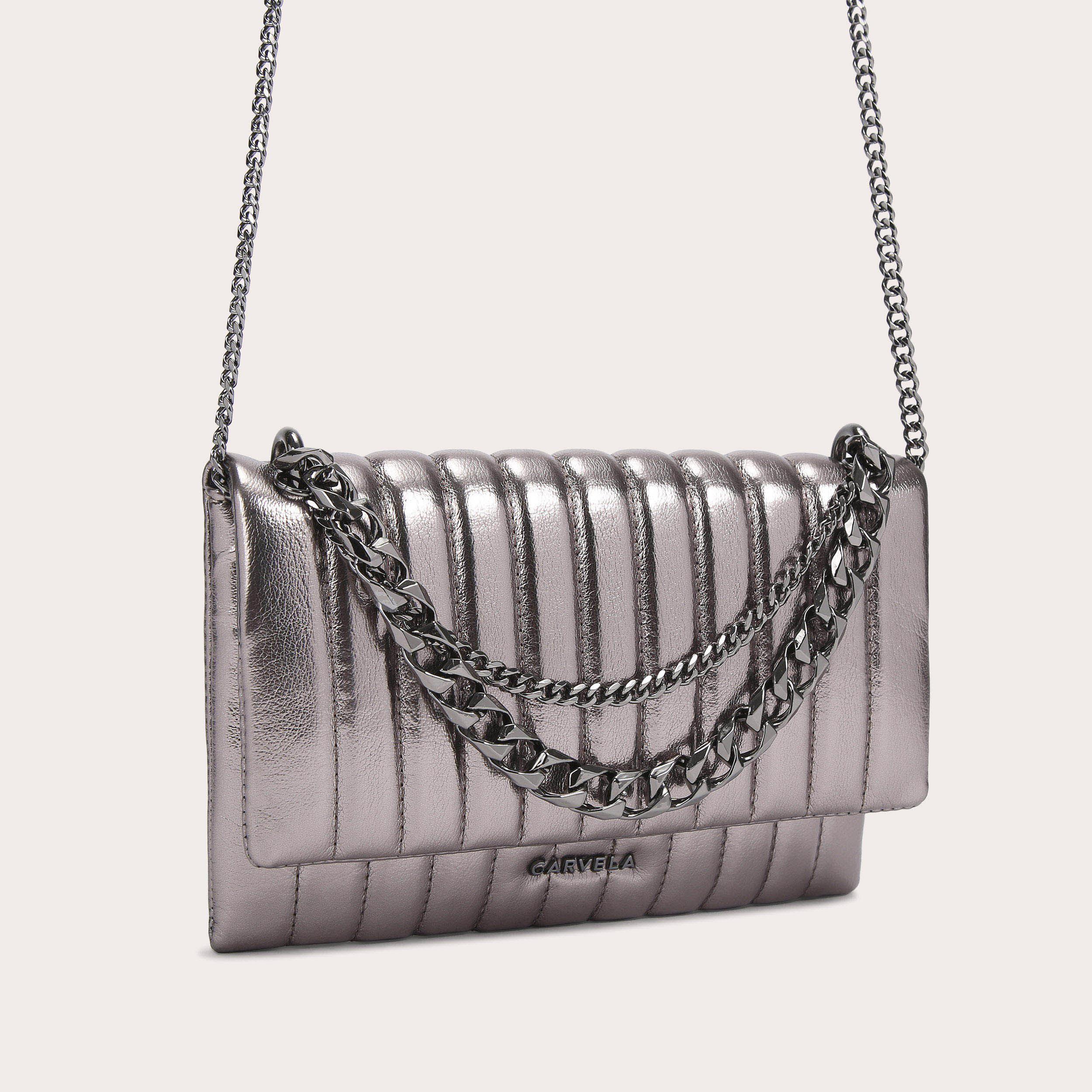 REBEL CLUTCH Silver Patent Quilted Cross Body Bag by CARVELA