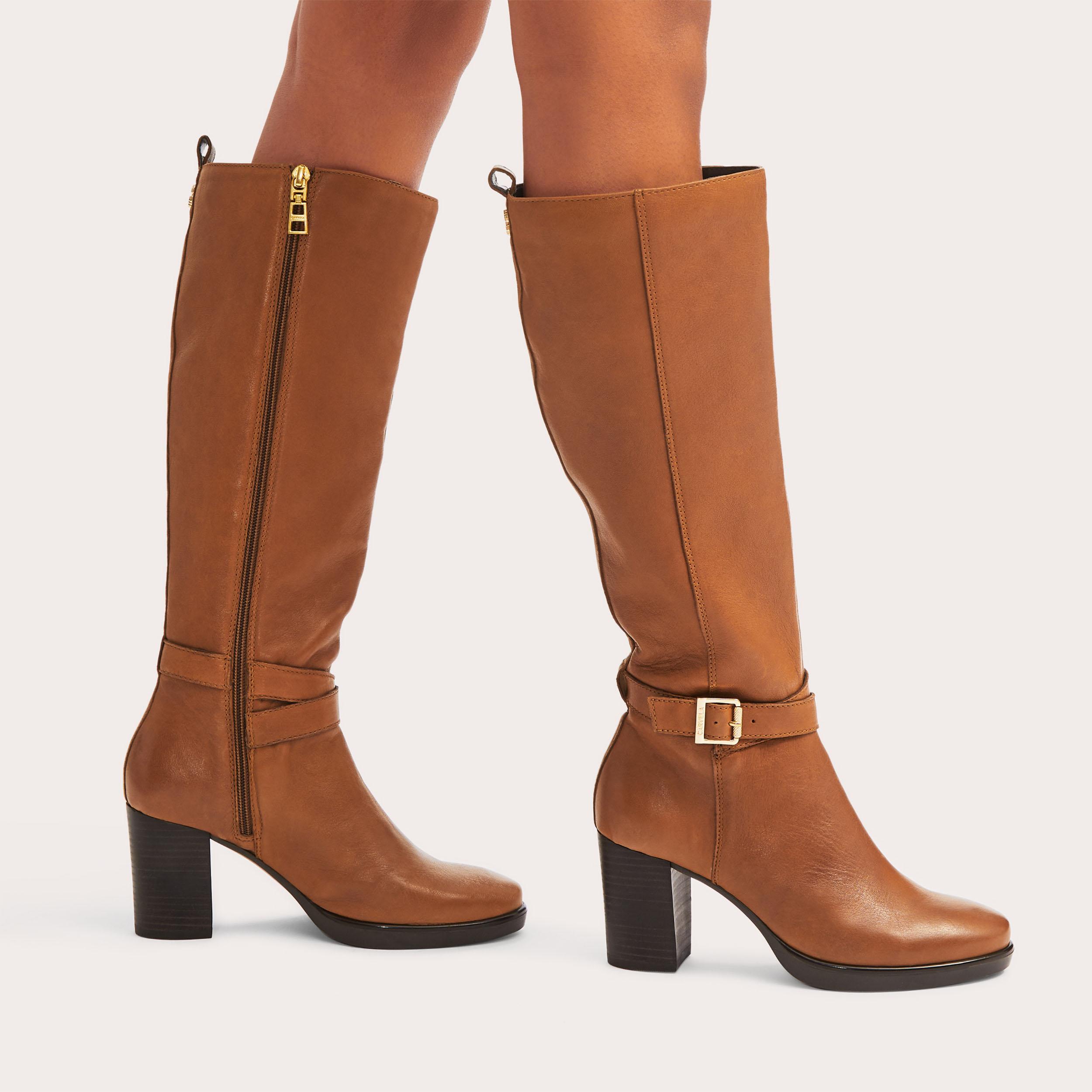 tan leather knee high heeled boots