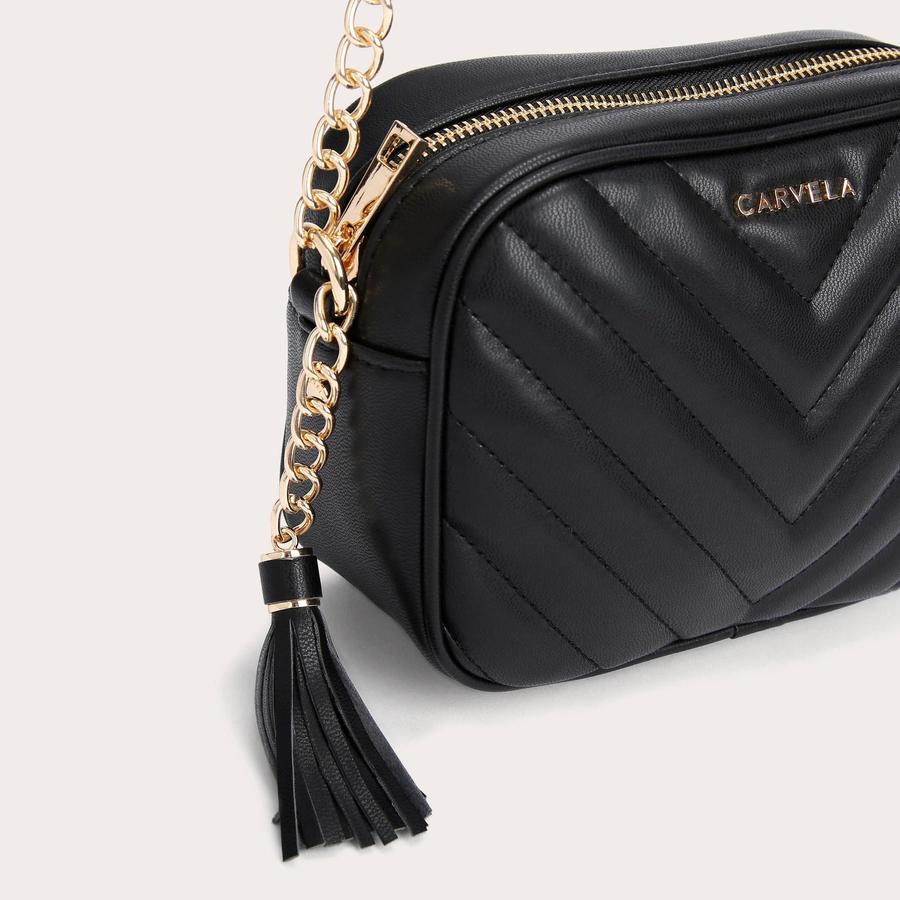 LARA TASSEL X BODY Black Chevron Quilted Cross Body Bag by CARVELA