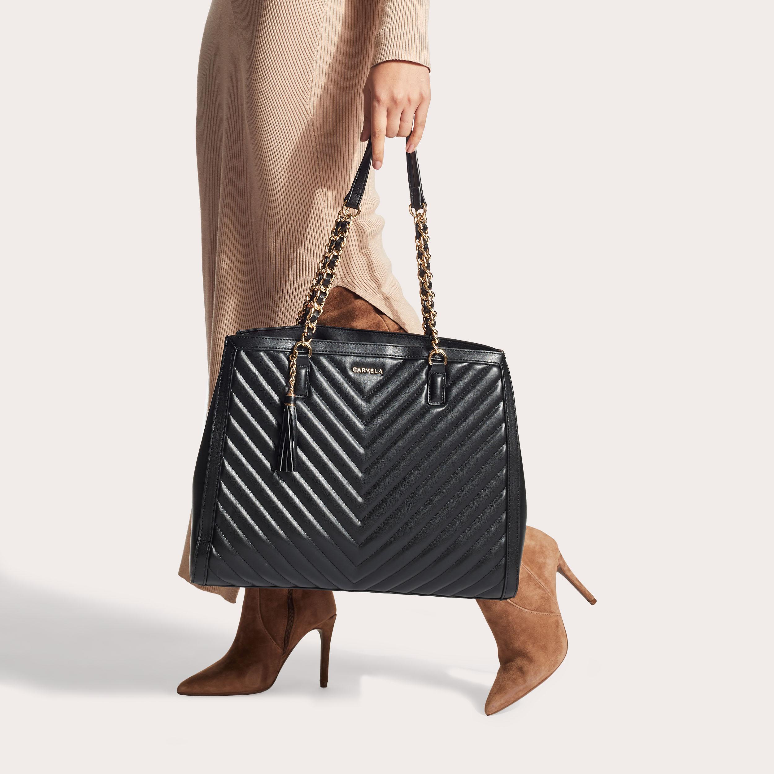 LARA TASSEL TOTE Tote Bag Black Quilted Shoulder by CARVELA